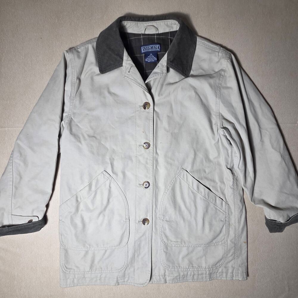 Lands' End Traditional Barn Coat Corduroy Trim Khaki Tan Jacket M 10-12